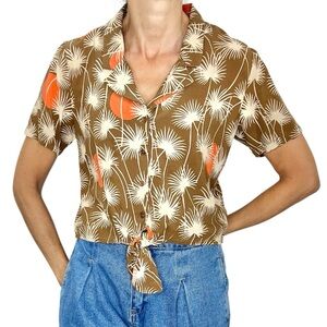 Simons Contemporaine brown beige orange floral print tie front top M